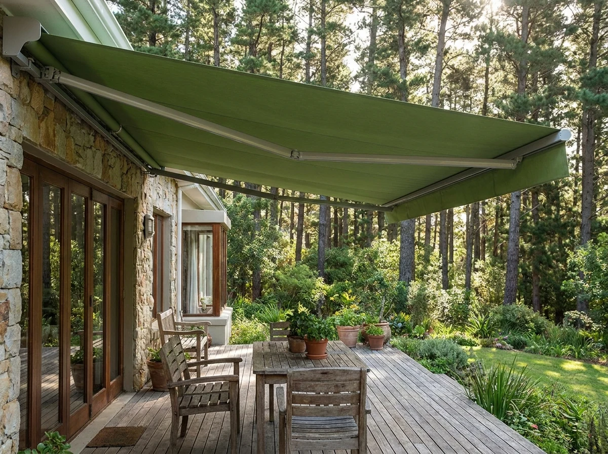 Fern-green folding-arm awning extended over a deck with a family lunch table in a Tokai garden backing onto pine forest