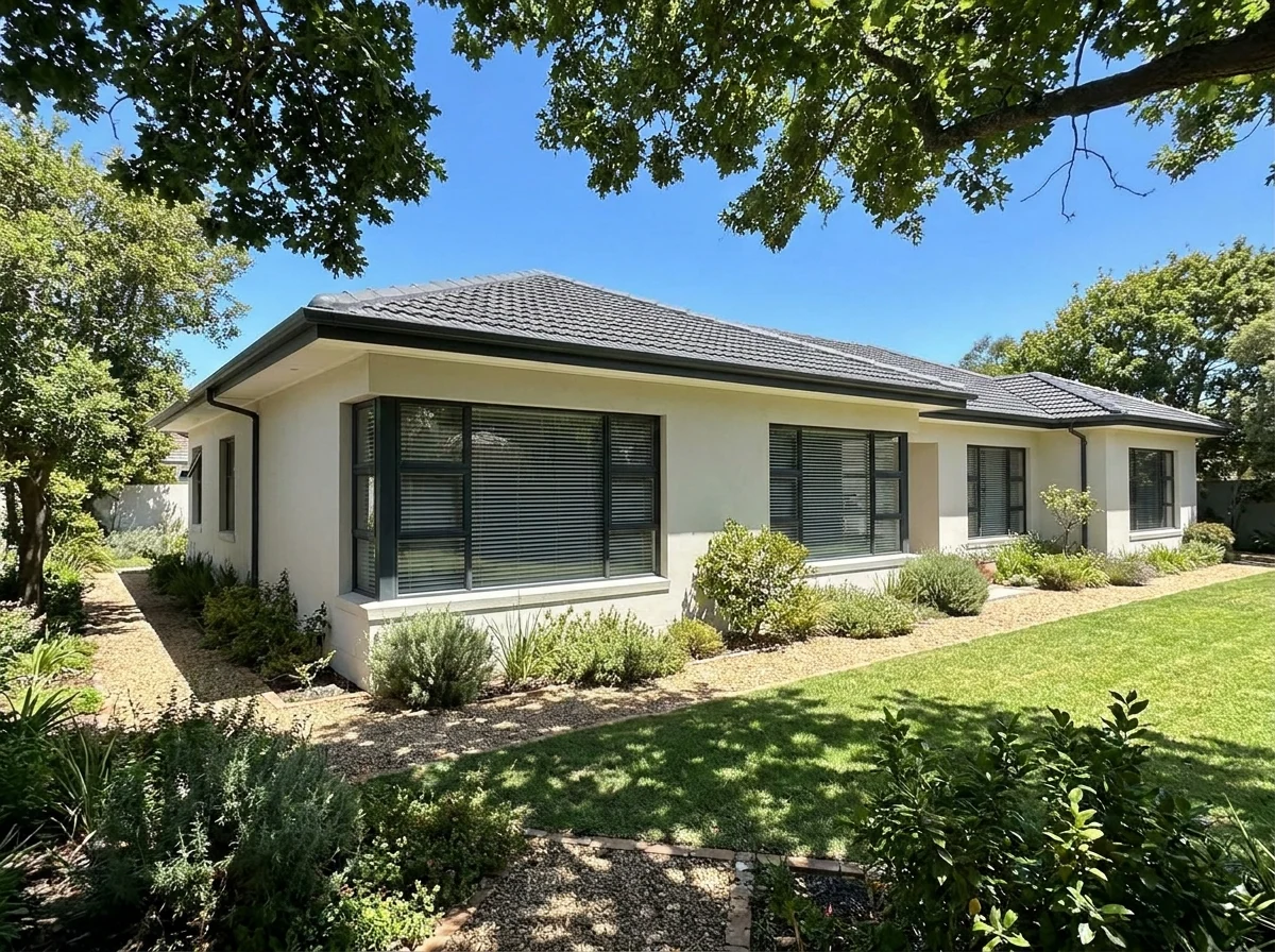 Single-storey suburban family home in Bergvliet, Cape Town with iron-grey aluminium venetian blinds fitted to wide windows