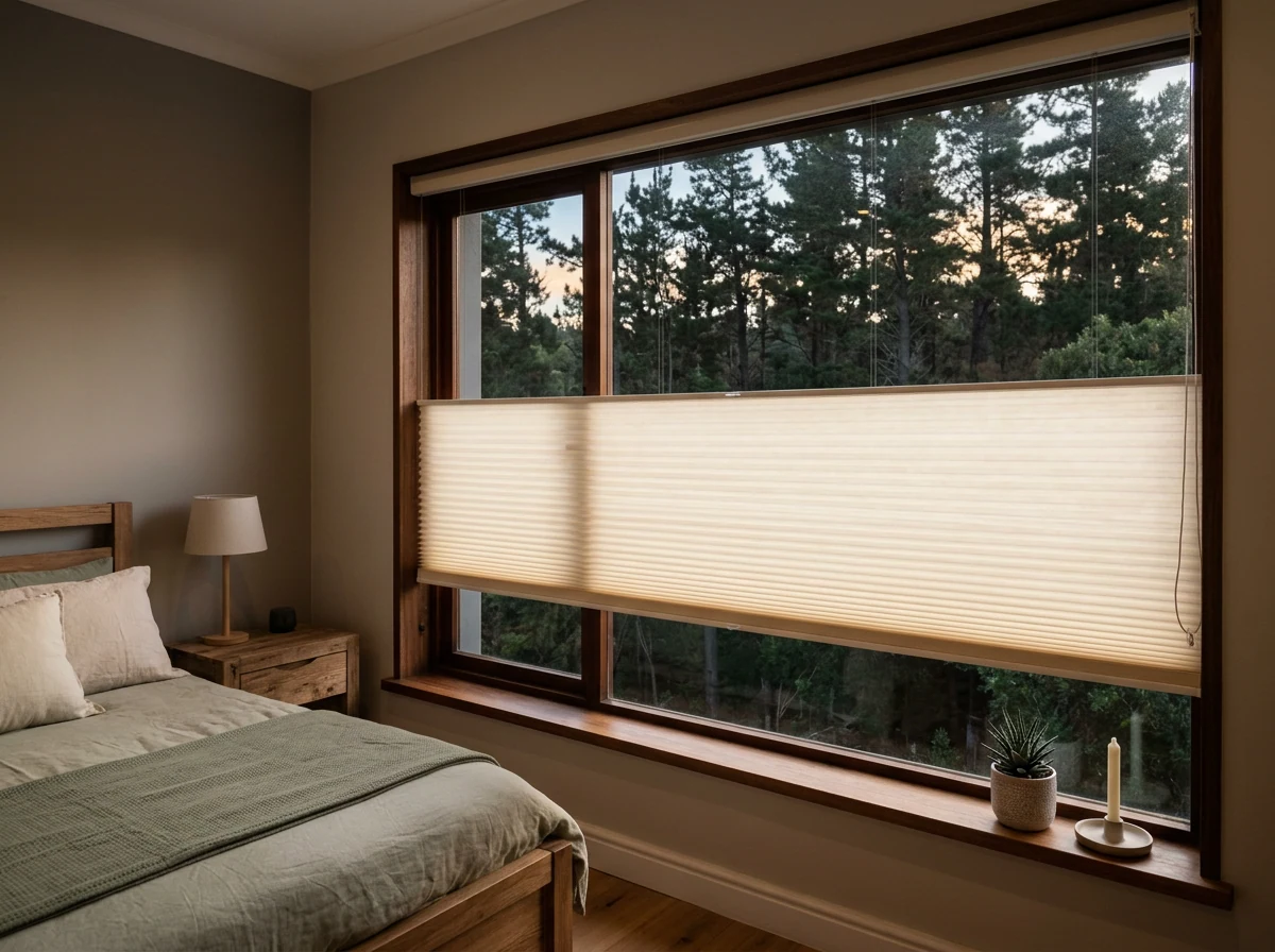 Blockout cellular honeycomb blind in candlelight-cream fabric lowered halfway across a bedroom window in a Tokai forest-edge home