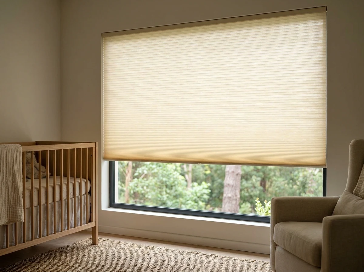 Pleated cellular honeycomb blind in candlelight cream fitted to a nursery window in a Tokai forest-edge home