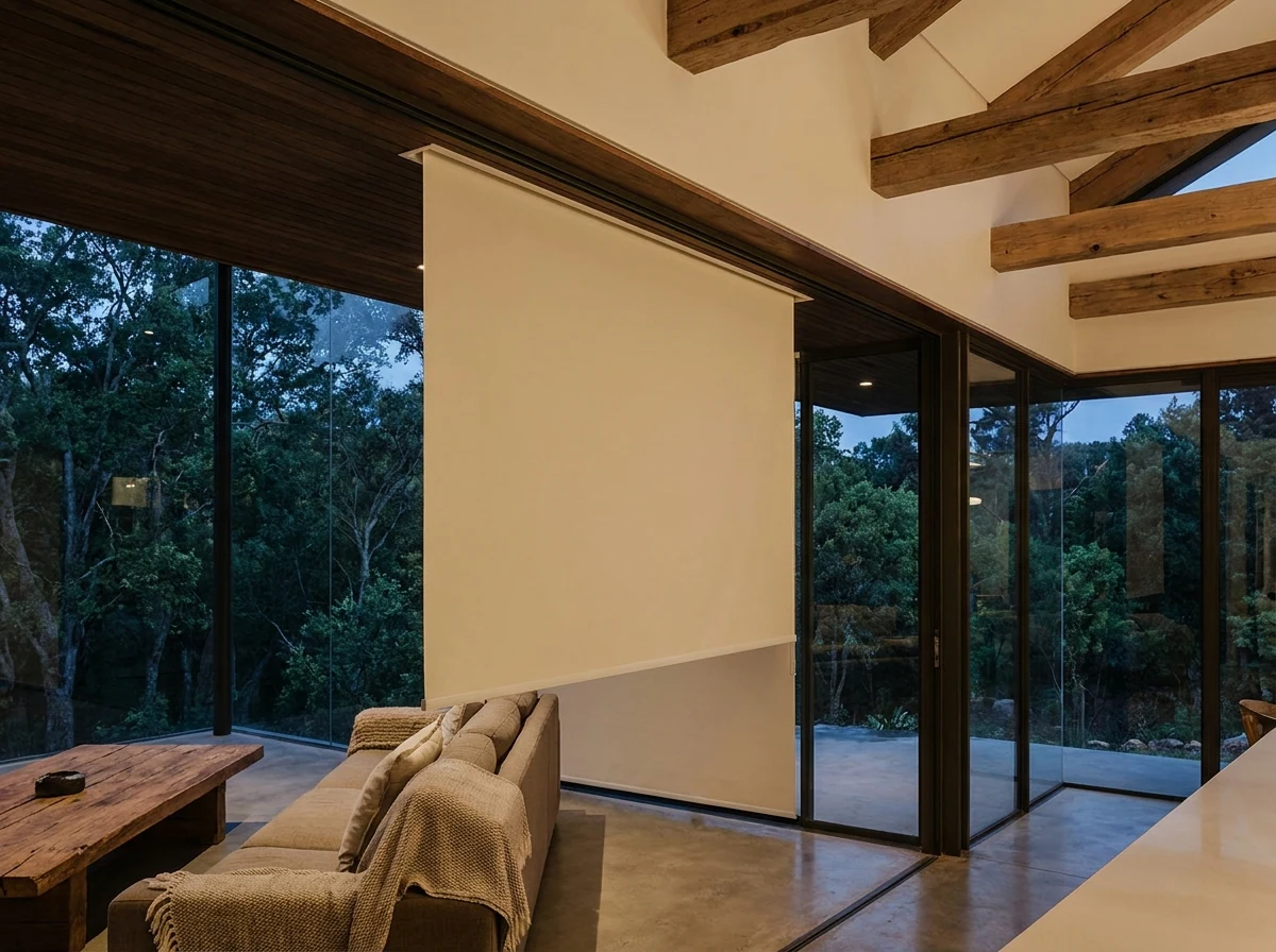 Concealed blockout blind dropping from a slim ceiling recess in an architect-designed Tokai home with exposed timber beams