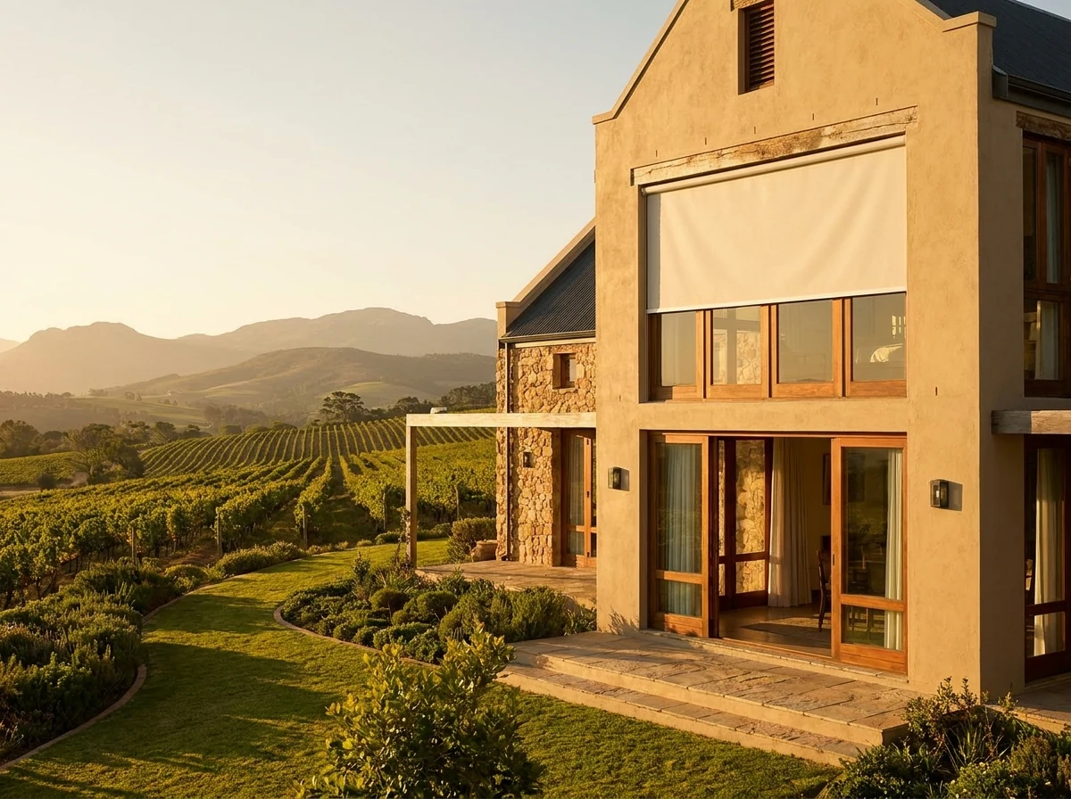 Double-storey wine-estate style home in Constantia, Cape Town with a candlelight-cream sunscreen roller blind partially lowered, vineyard rows visible