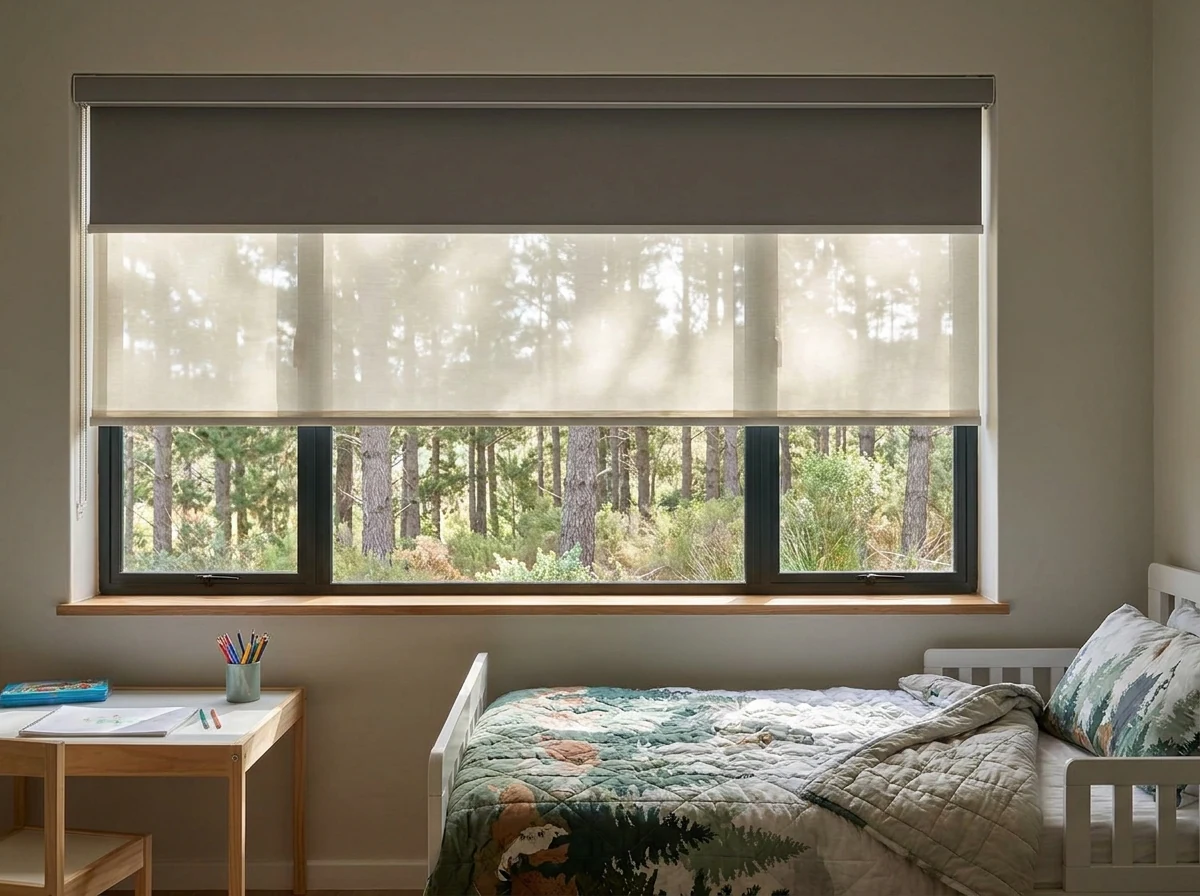 Day and night double roller blind with iron-grey and cream bands in a Tokai child's bedroom facing pine forest