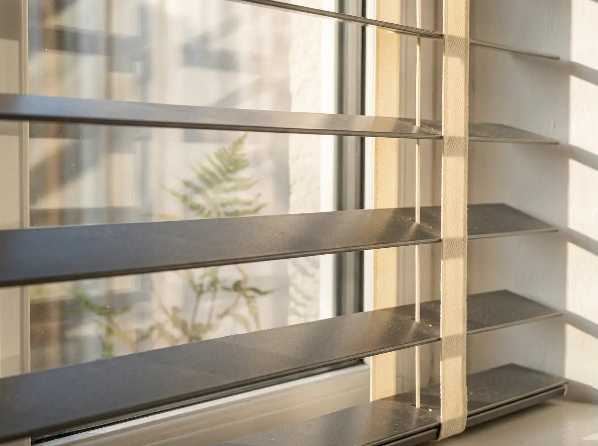 Close-up of iron-grey aluminium venetian blind slats with candlelight-cream ladder tape on a Tokai windowsill