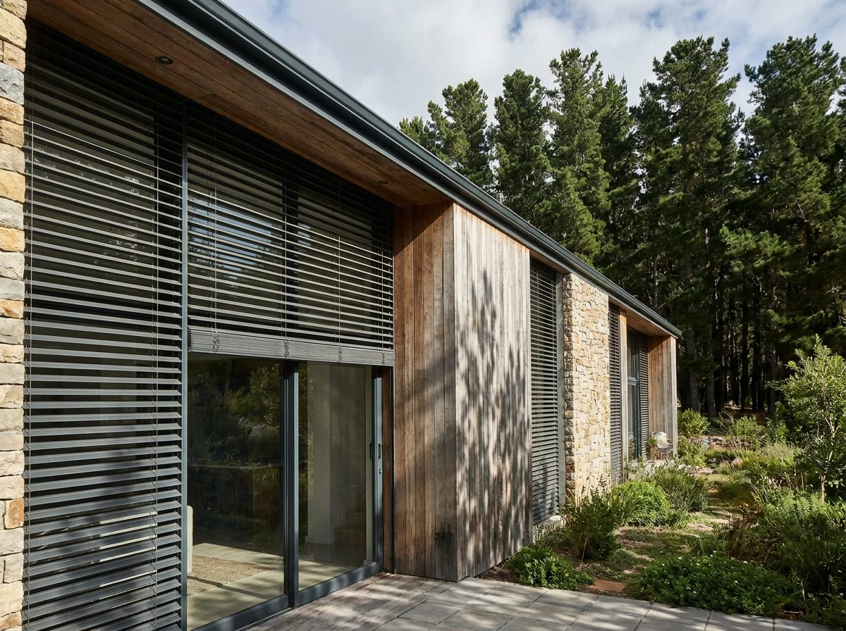 External iron-grey aluminium venetian blinds mounted outside a window on a Tokai home facade, pine forest behind the house