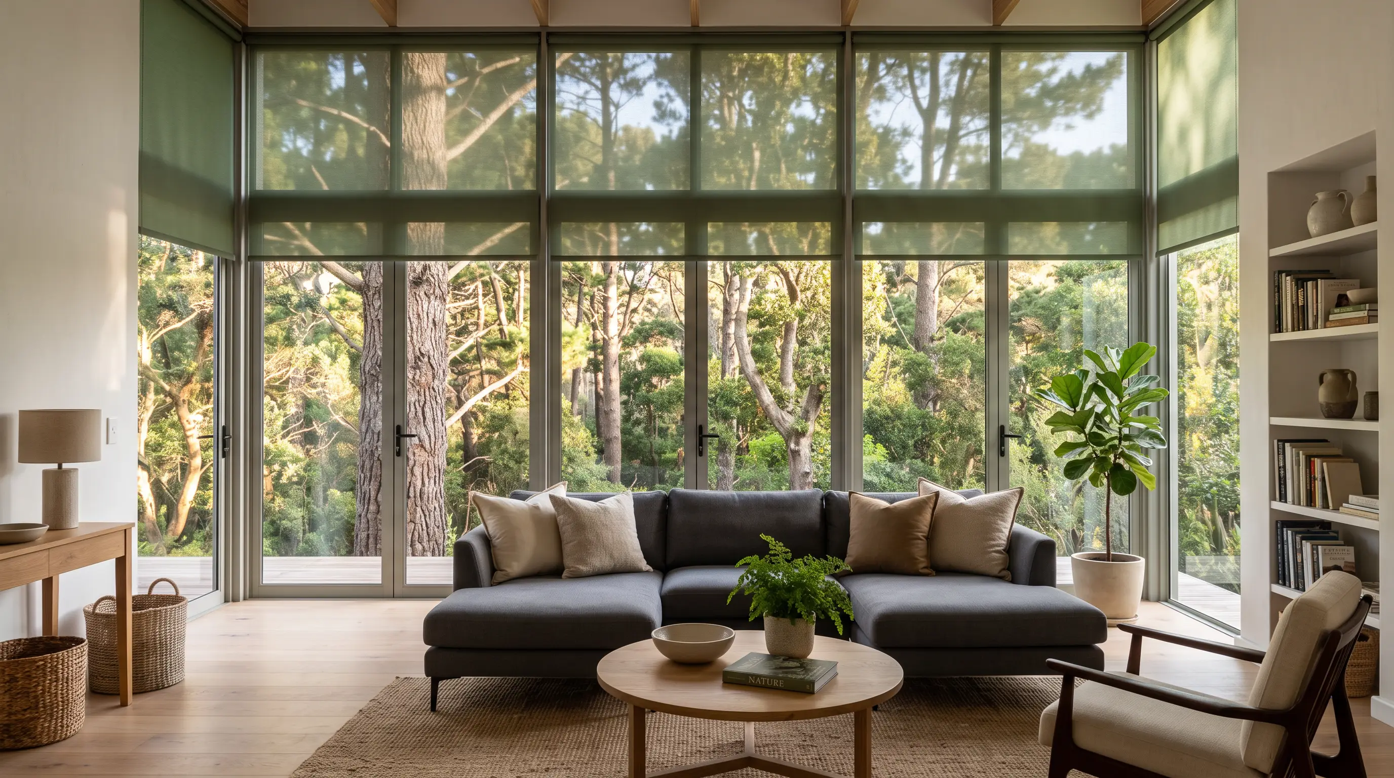 Fern-green sunscreen roller blinds partly lowered across tall forest-facing windows in a Tokai family living room, Cape Town