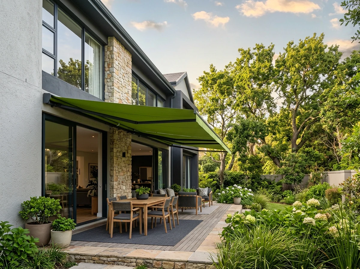 Olive-green folding-arm awning extended over a stone-and-timber double-storey home's paved patio and dining table in Meadowridge, Cape Town, mature oak trees screening the garden