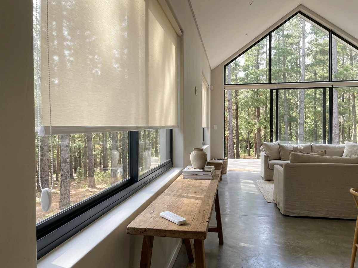 Motorised sunscreen roller blind mid-operation on a tall gable window in a Tokai home, remote control on a console table