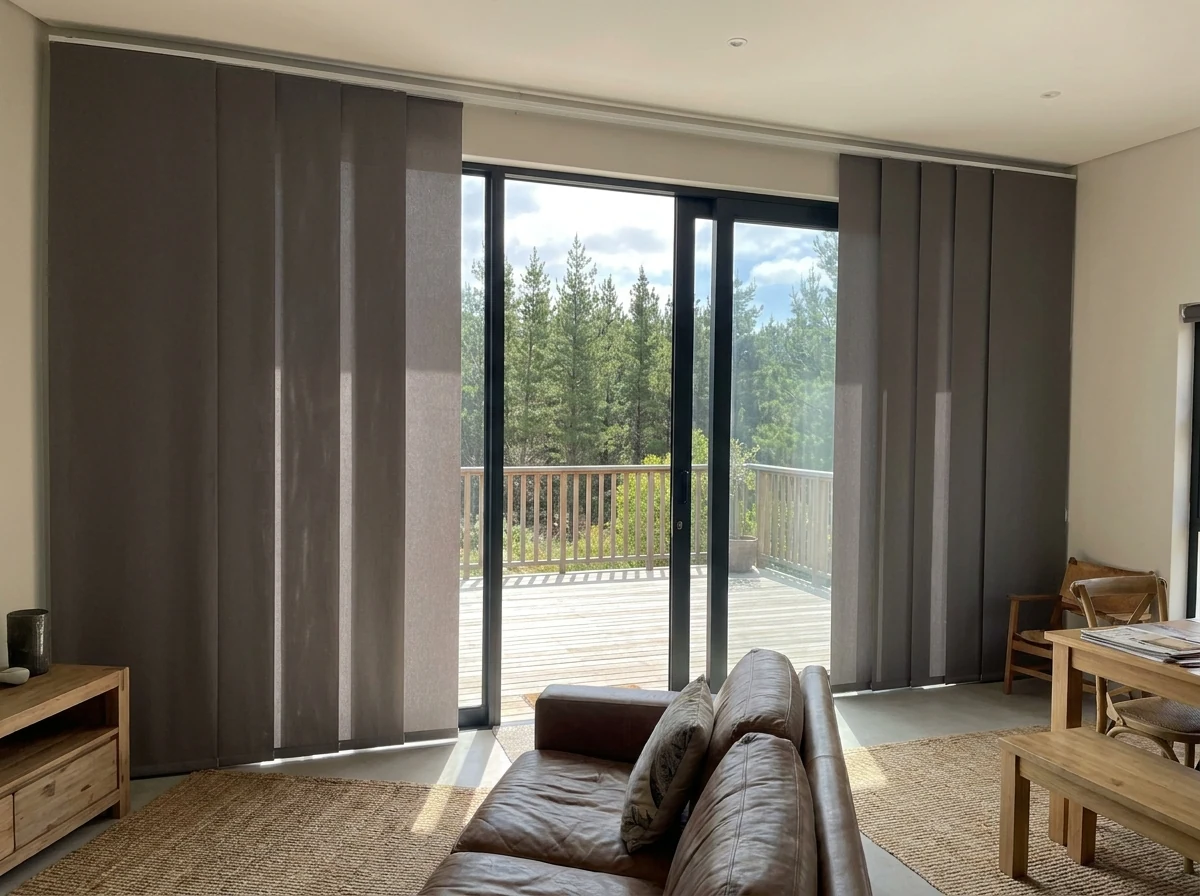 Iron-grey vertical panel blinds partly open across a wide sliding door onto a timber deck in a Tokai family home