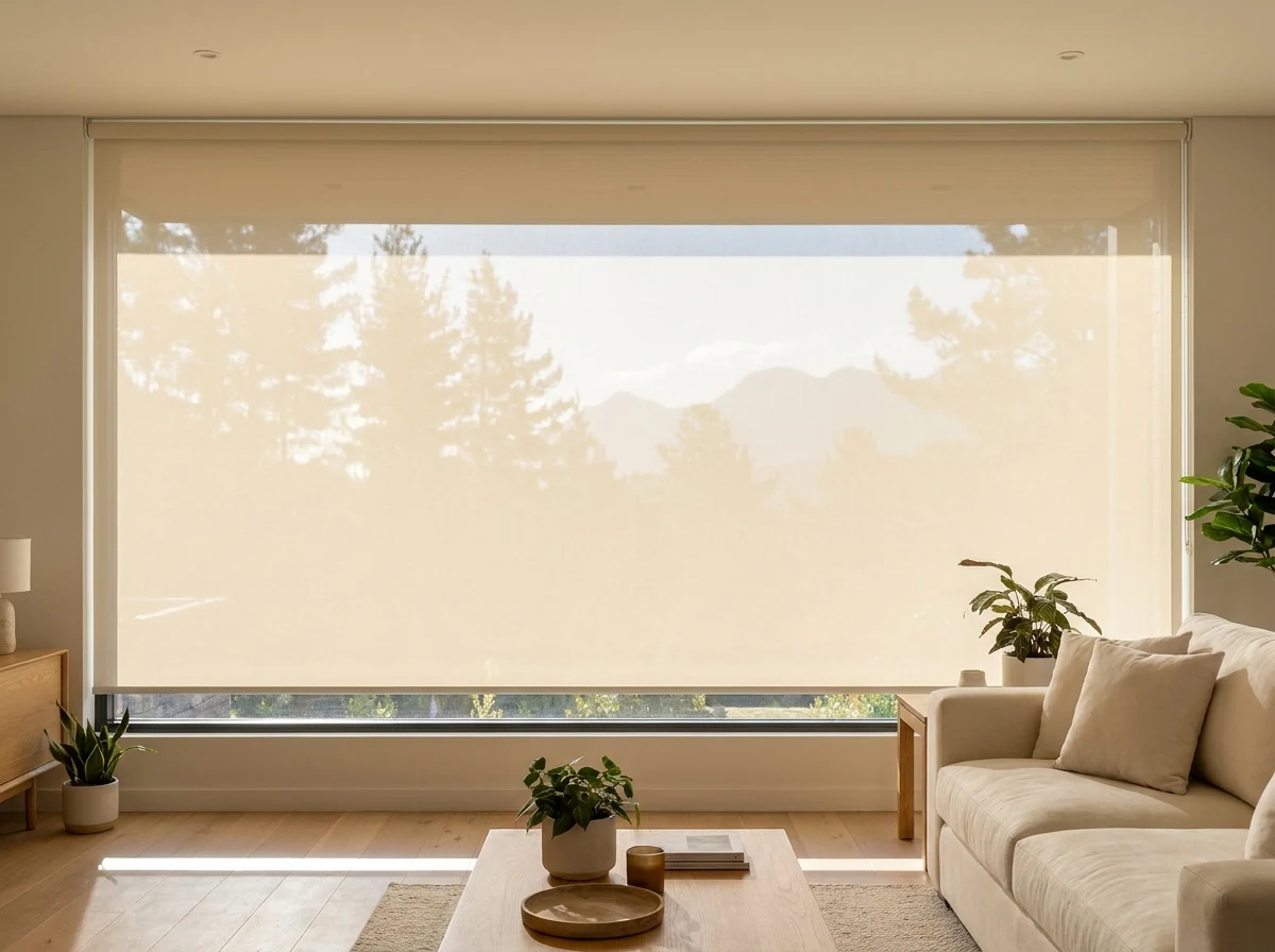 Candlelight-cream sunscreen roller blind lowered across a wide window in a Tokai family living room, forest visible through the mesh