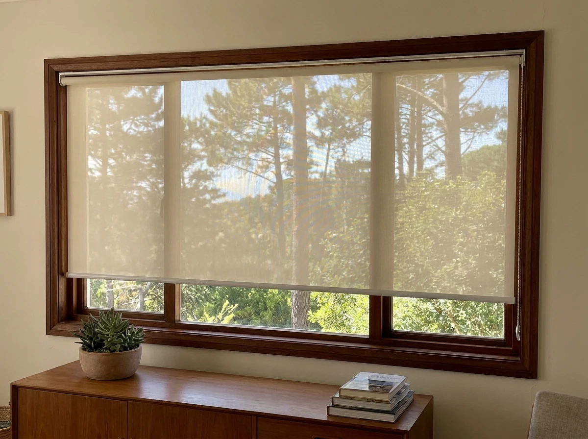 Close detail of a candlelight-cream sunscreen roller blind fully extended across a tall window in a Tokai living room, forest visible through the mesh fabric