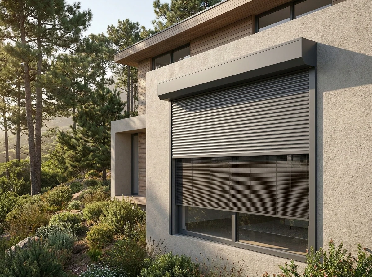 Rigid iron-grey aluminium roller shutters lowered from a headbox outside a window on a Tokai home facade, pine forest backdrop