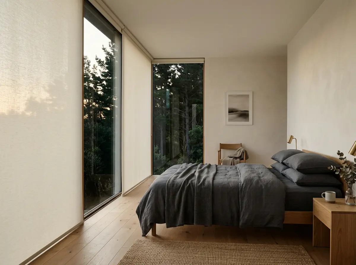 Candlelight-cream blockout roller blind lowered in a Tokai bedroom overlooking pine forest at dusk