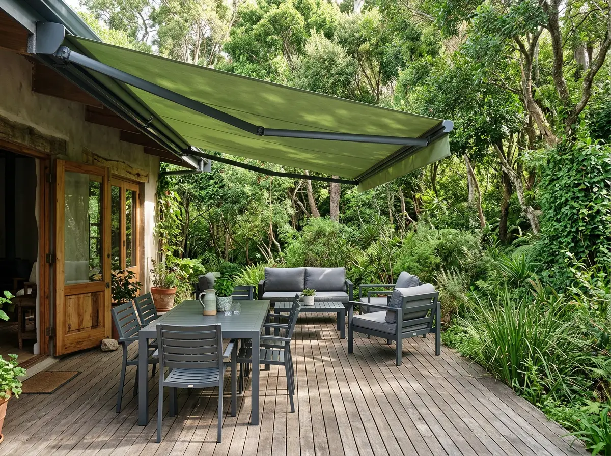 Fern-green folding-arm awning extended over an outdoor dining and lounge deck at a Tokai home backing onto pine forest