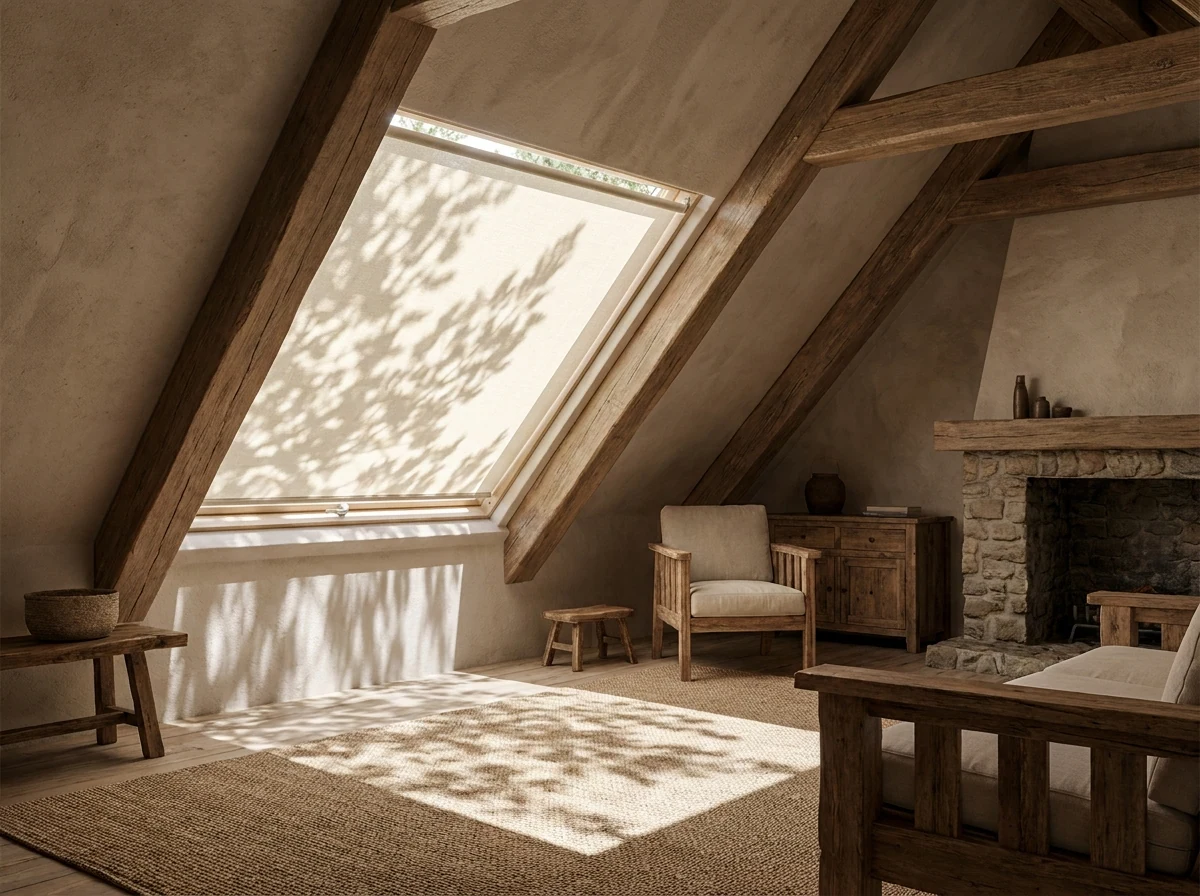 Tensioned cream fabric blind held flat against an angled skylight in a pitched-roof Tokai home under pine canopy