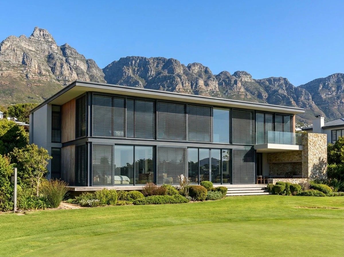 Contemporary double-storey home on Steenberg golf estate, Cape Town, dark aluminium external venetian blinds fitted across full-height glazing, fairway and Constantiaberg peaks in view