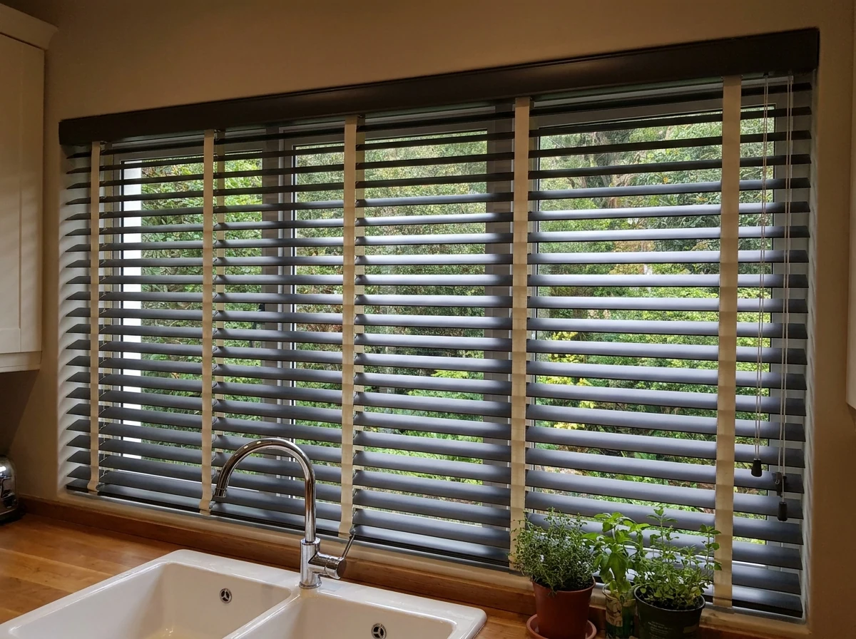 Iron-grey aluminium venetian blind slats tilted above a kitchen sink in a Tokai home, forest greenery visible through the gaps