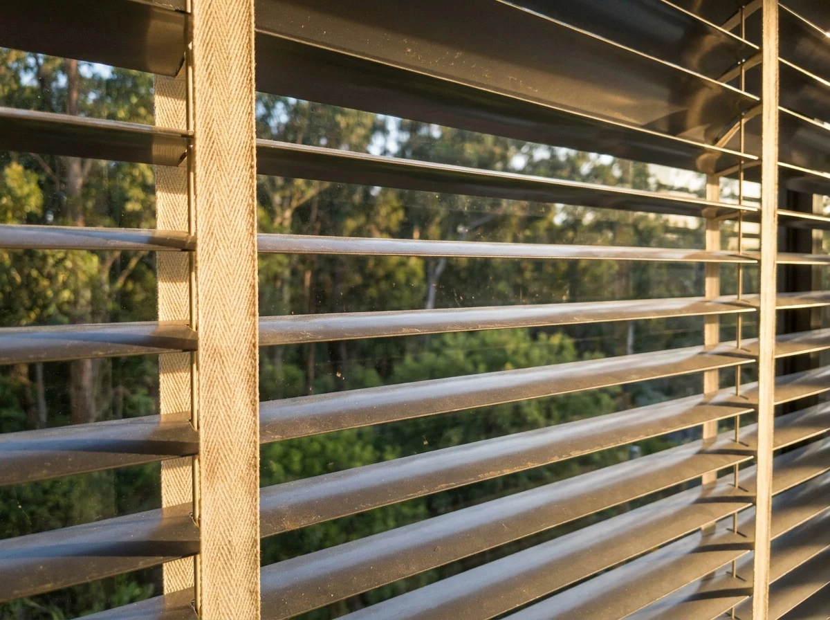 Close-up of iron-grey aluminium venetian blind slats catching afternoon light in a Tokai window, forest greenery visible through the gaps