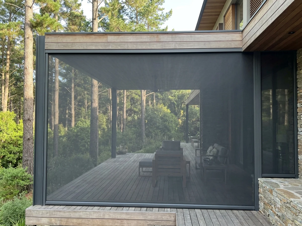 Taut iron-grey zip-track outdoor screen enclosing a patio in a Tokai forest-edge home, pine trees visible through the mesh